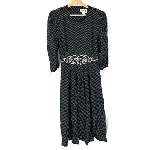 Vintage 80s Sally II puff sleeve polkadot pleated midi dress black modest 14